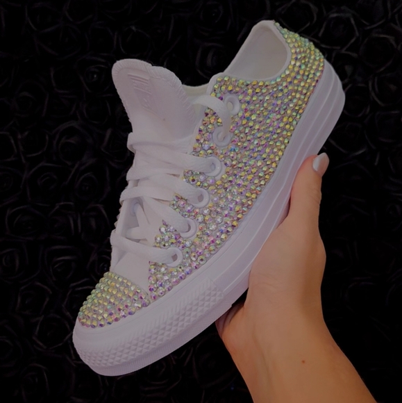 Bling Low Top Converse Shoes Womens Sneakers Bedazzled with Rhienstones - Picture 4 of 5